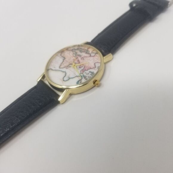 World Map Fashionable Vintage Inspired Gold Bezel Black Faux Leather Wristwatch - Picture 3 of 9